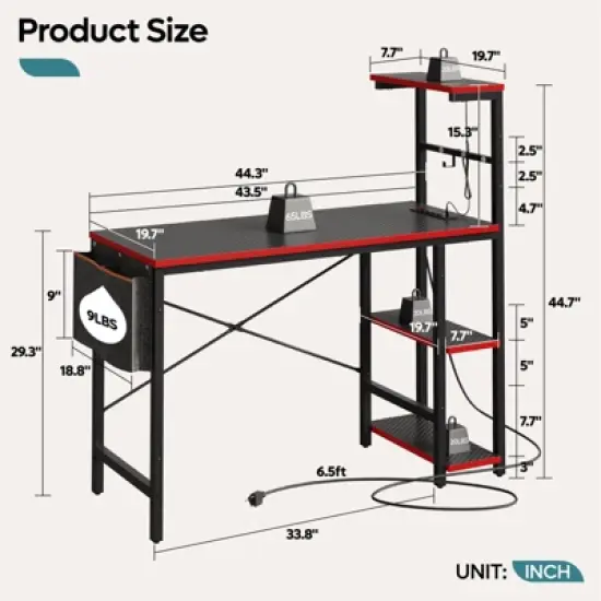 Bestier 44&rdquo; Gaming Desk with Power Outlets & USB Ports, LED PC Gamer Desk with 4-Tier Storage Shelves, Computer Office Desk for Small Spaces image {4}