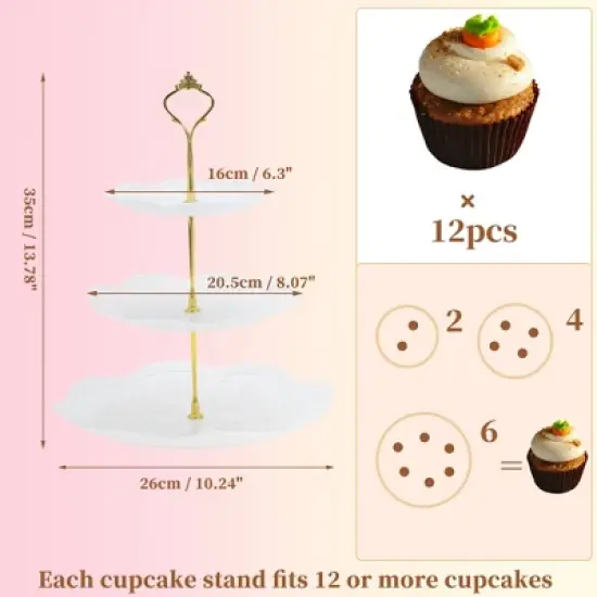 Unique Bargains 3 Tier Dessert Cupcake Stand Round Tiered Serving Tray for Donuts Fruits White Gold Tone image {1}