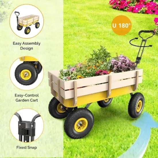 VINGLI Wagon Cart, Steel Frame and Wood Coated Railing, 330lbs All Terrain Wagon 9.2in Solid Tires for Kids Garden and Outdoor (Yellow) image {2}
