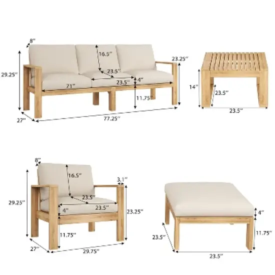 FIONECA 4-Piece Outdoor Acacia Wood Sectional Sofa Set with Cushions image {2}