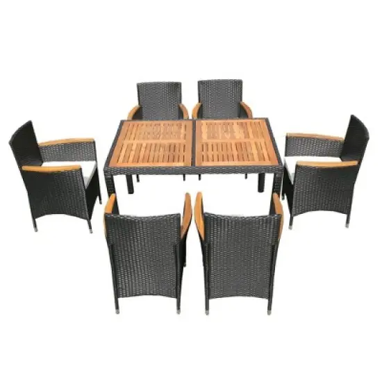 YOOCOZZ 7-Piece Outdoor PE Rattan Dining Set with Acacia Wood Handrail and Tabletop - Black+Cream image {5}
