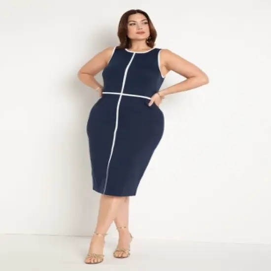 ELOQUII Women&rsquo;s Plus Size Sleeveless Piped Workwear Dress image {1}