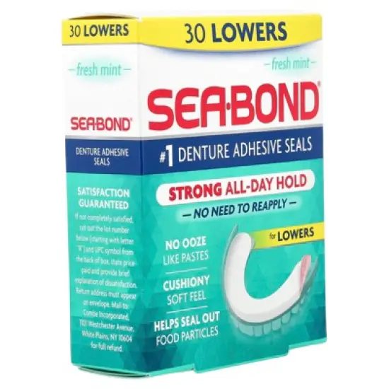 Sea Bond Secure Denture Adhesive Seals, Fresh Mint Lowers, Zinc-Free, All-Day-Hold, Mess-Free, 30 Count (Pack of 1) image {4}