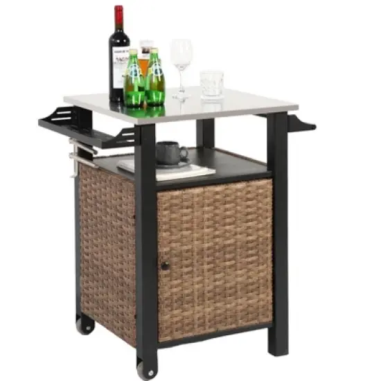 Outdoor Kitchen Wicker Island Rolling Cart & Storage Cabinet, Wheels and Stainless Steel Extended Table Top Brown image {9}