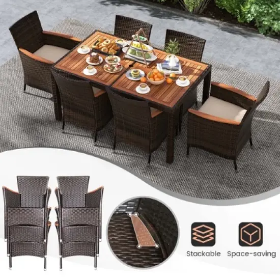 Costway 7 Pieces Outdoor Wicker Dining Set with Acacia Wood Table and 6 Stackable Chairs image {5}