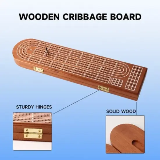 GSE 3-Track Wooden Cribbage Board Game with Playing Cards, 9 Metal Pegs, and Storage Area for Family Game image {1}