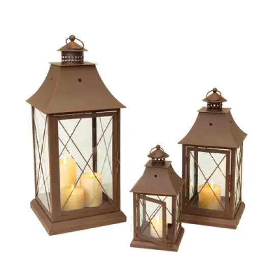 HomeRoots Set of Three Brown Lattice Glass And Metal Floor Lantern Candle Holders image {4}
