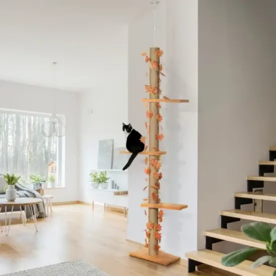Pawhut Floor to Ceiling Cat Tree with Adjustable Height 80"- 95", Tall Cat Tree for Indoor Cats with Sisal Scratching Post, Platforms, Leaves image {1}