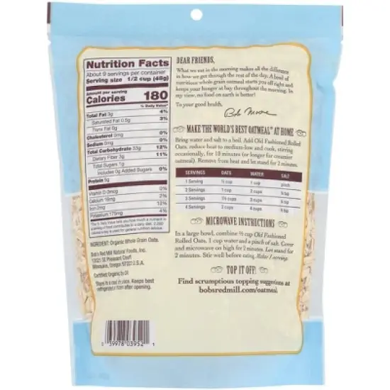 Bob's Red Mill Organic Old Fashioned Rolled Oats Whole Grain - Case of 4/16 oz image {2}