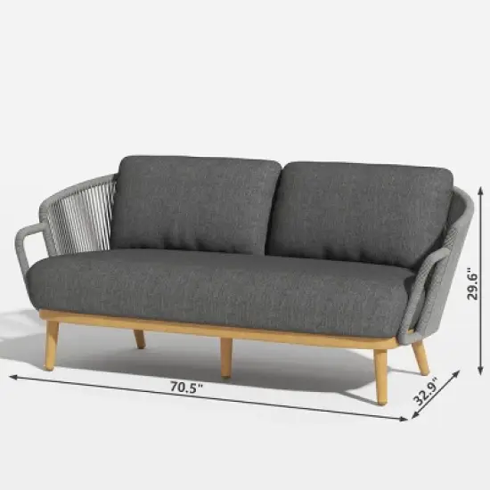 Woven Accent Outdoor Sofa Set 3Seater + Textured Wood Frame Lounge Chairs & Rectangular Table image {8}