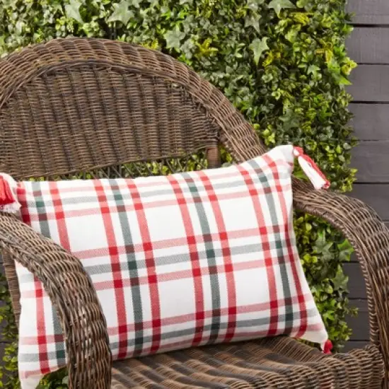 Saro Lifestyle Tasseled Plaid Outdoor Down Filled Throw Pillow image {2}