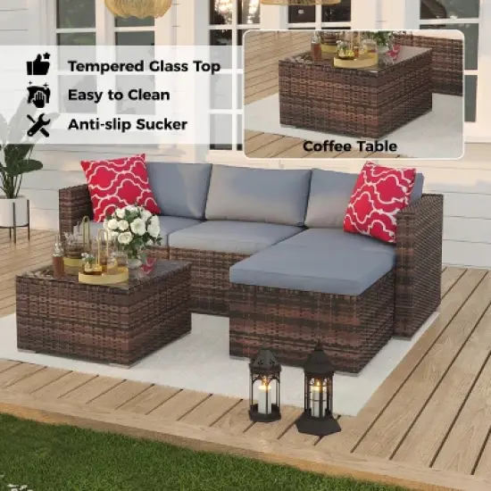 5 Pieces Patio Furniture Set, All-Weather Wicker Sectional Sofa with Glass Coffee Table and Ottoman for Balcony, Porch, Garden image {1}