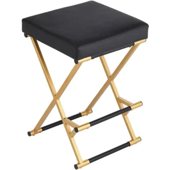 55 Downing Street Metal Bar Stool Gold 25" High Mid Century Modern Black Faux Leather Cushion with Footrest for Kitchen Counter Height Island Home image {8}