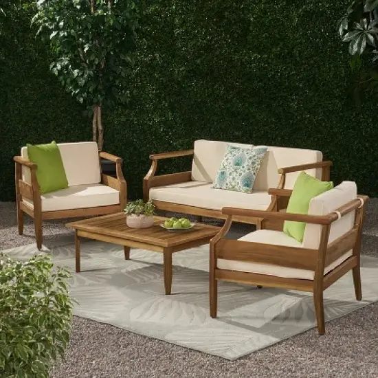 FIONECA Outdoor Mid-Century Modern 4-Seat Acacia Wood Chat Set with Loveseat, Coffee Table & Club Chairs, Teak Finish + Cream Cushion image {9}