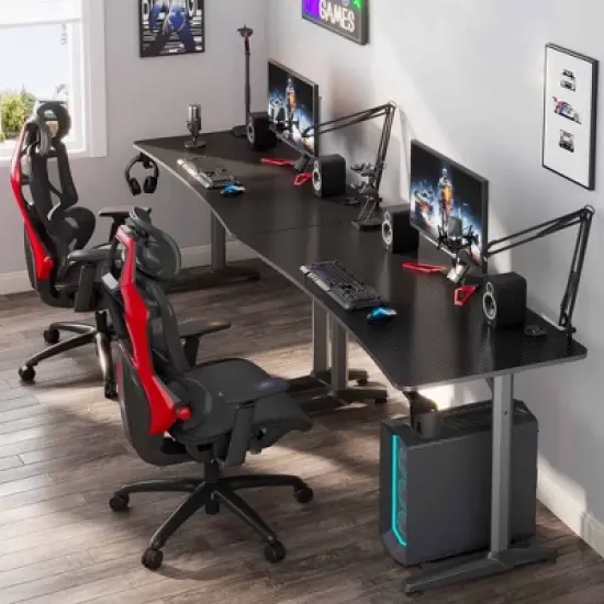 60x27 Curved Shaped Gaming Desk,27.56"D x 60"W x 30.12"H,Black image {3}