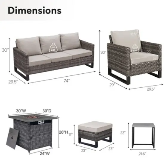 Buenhomino 7 Piece Wicker Outdoor Furniture Set with Thick Cushions, High Back Patio Furniture Set with PE Rattan Chairs and Square Fire Pit Table image {3}