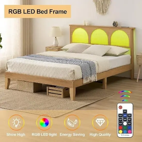 Bed Frame With Natural Rattan Headboard, Boho Wooden Platform Bed With Strong Wooden Slats, Noise-Free, No Box Spring Needed, Arch image {3}
