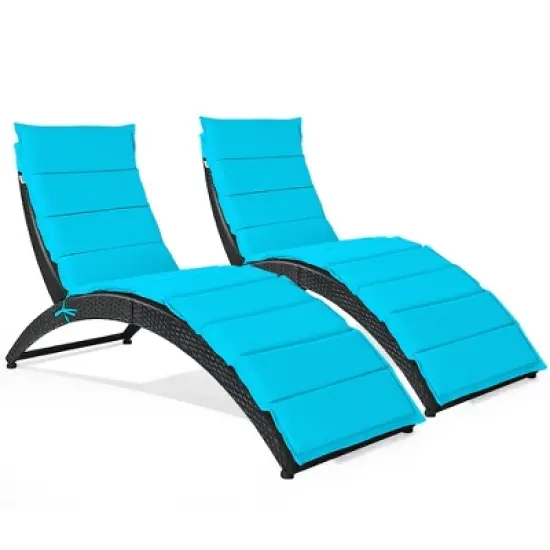 Costway 2PCS Folding Patio Rattan Lounge Chair Chaise Cushioned Portable Lawn Turquoise image {7}