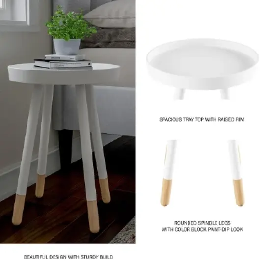 Hastings Home Mid-Century Modern Round Wooden End Table With Tray Top - White/Natural image {3}