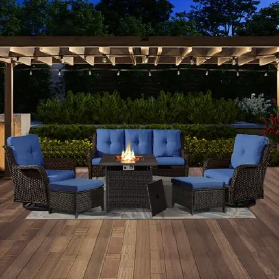 POCASSY 6 Piece Patio Furniture Set with Fire Pit, All Weather Wicker Rattan Patio Sofa Couch Set with Swivel Patio Chair and 50000BTU Square Fire Pit image {12}
