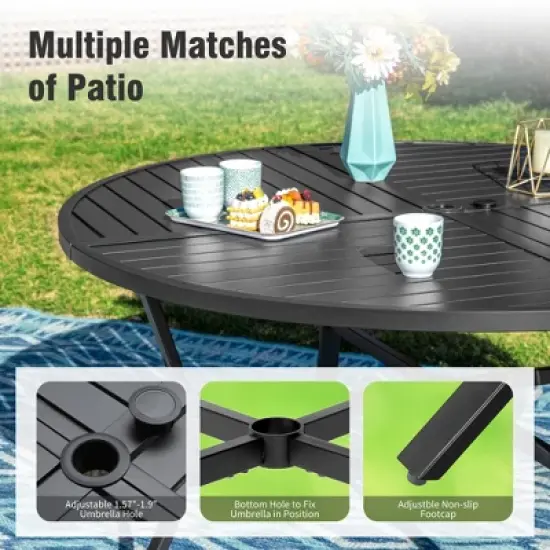 Captiva Designs 7pc Black Round Slatted Steel Table with Umbrella Hole & Metal Chairs with Seat Cushions and Waist Pillows image {3}
