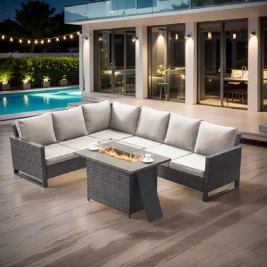 Buenhomino 4 Pieces Outdoor Patio Furniture Set with 41&rdquo; Fire Pit Table, Rattan Patio Sectional Sofa Conversation Set with 50000BTU Propane Fire Pit image {12}