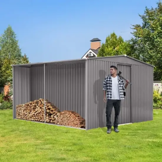 Metal Garden Storage Shed,Apex Roof Outdoor Storage Shed with Wood Storage,Outdoor Tools and Firewood Shed with Vents for Winter-Coolbibila image {7}