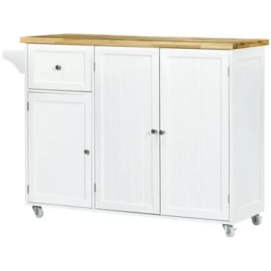 HOMCOM Triple-Cabinet Rolling Kitchen Island on Wheels, Kitchen Cart with Storage Shelf Adjustment, Rolling Utility Cart Wood, Big Drawer, White image {3}