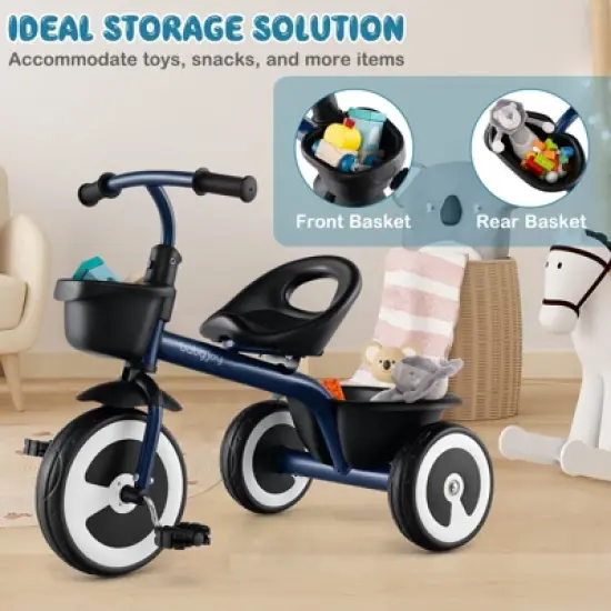Babyjoy Toddler Tricycle Kids Trike with Adjustable Seat Front & Rear Storage Baskets Navy/White/Pink image {7}