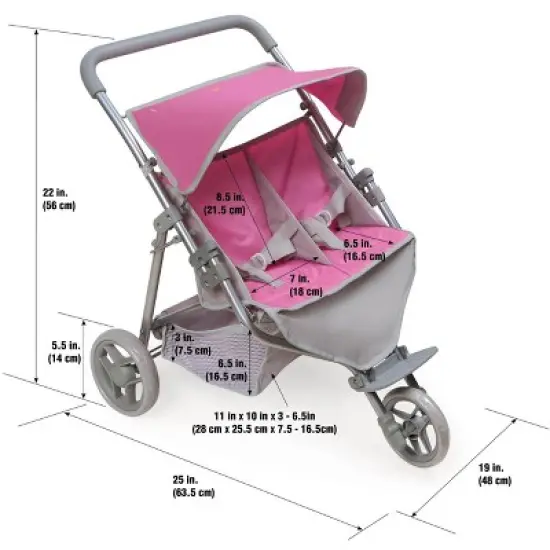 Badger Basket Trek 3-Wheel Folding Twin Doll Jogging Stroller - Gray/Pink image {4}