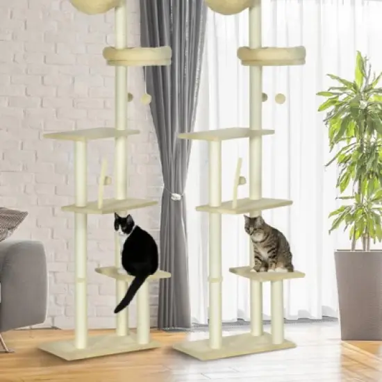 FURNIinspire Floor to Ceiling Cat Tree Adjustable Height, Cat Climbing Tower with Carpeted Platforms, Toy Balls, Beige, 21.25"*13.5"*98.5" image {2}