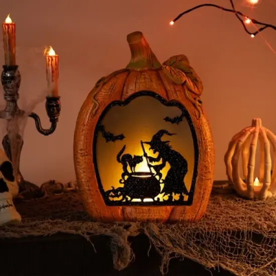 Northlight Witch Stirring Flickering Cauldron Scene Inside Pumpkin Halloween Decoration - 13" - LED Orange Light image {1}