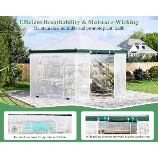 AMERLIFE 13.5x13.5x9 FT Hexagonal Walk-in Greenhouse, Windbreak Ropes, Waterproof PE Cover image {4}