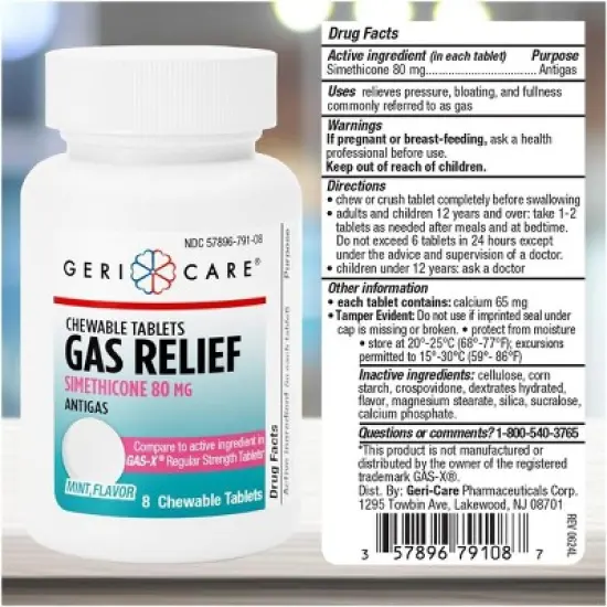 Geri Care Simethicone 80mg Gas Relief Chewable Tablets Mint, 8 Count image {1}
