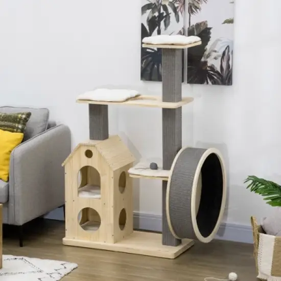 PawHut 53" Modern Cat Tree with Scratching Posts, Small Cat Tree with Double-Layer House, Small Cat Tower for Indoor Cat Furniture, Wooden Cat Tree image {1}