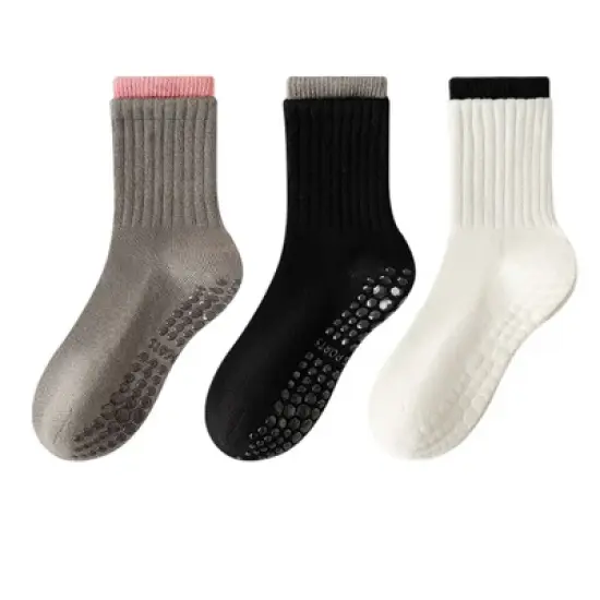 Anna-Kaci Womens Non-Slip Grip Crew Socks 3 Pair Pack Custom Color Combos Soft Ribbed Cotton with 3D Silicone Heel image {9}