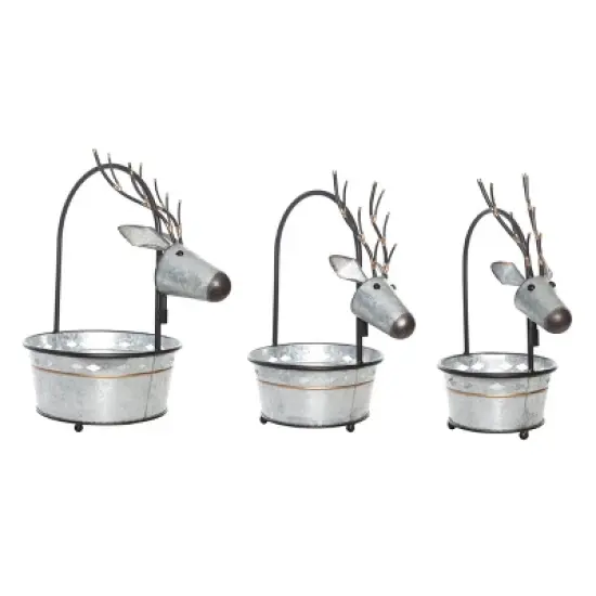 Transpac Metal Reindeer Nesting Buckets Set of 3 Decorative Figurines for Christmas Silver Tabletop Decor Indoor Gifts image {1}