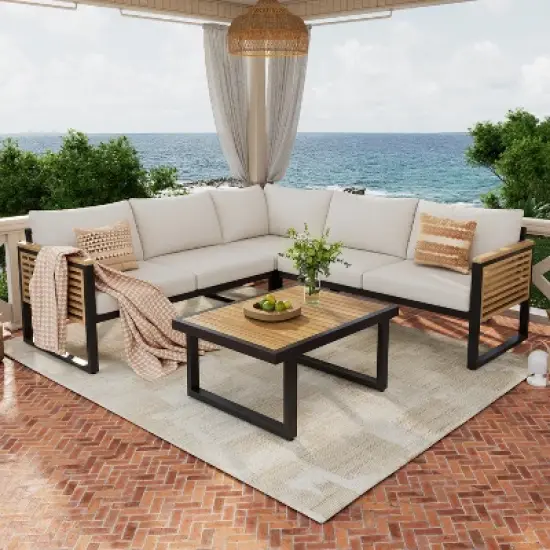 Christopher Knight Home Faye Patio Acacia and Metal Upholstered Seating Set with Slat Design image {11}