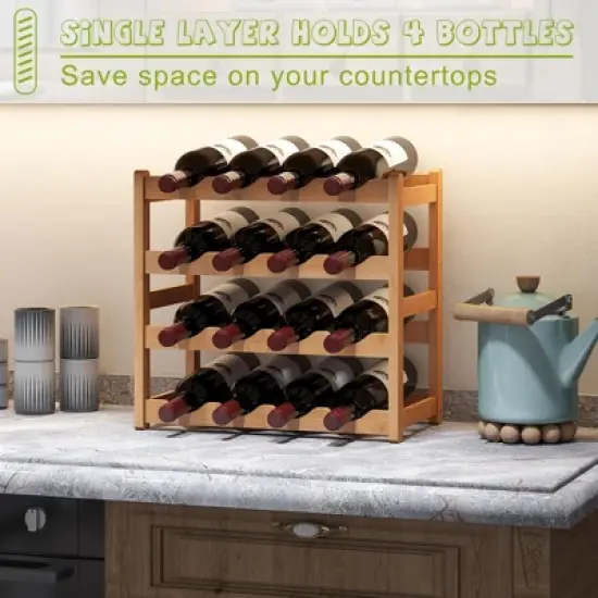 Itopfox Bamboo Wine Rack Storage Cabinet Shelf for 16 Bottles, Countertop Sturdy Kitchen Dining Room Pantry - 4 Tiers (Natural) image {2}