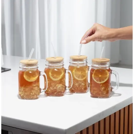 4PC Glass Jars with Bamboo Lids and Straw, 16oz Mason Jar Drinking Glasses &ndash; Reusable Tumbler Set for Cold Beverages image {4}