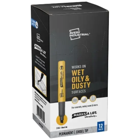 Avery UltraDuty Marks A Lot Permanent Markers, Chisel Tip, Water Resistant, Industrial Grade Ink, 12 Black Markers (29842) image {7}