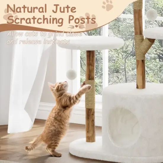 Modern Wood Cat Tree Tower for Large Cats, Luxury Pear Wood Condo, Platforms, Scratching Posts, All-Season Mats, 43" Cat Furniture image {4}