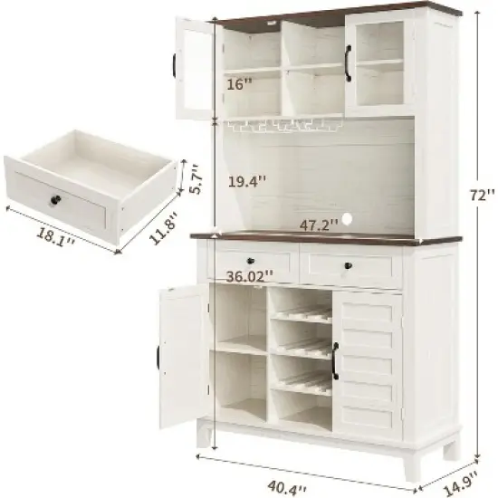 Acekool 72" Tall Kitchen Pantry Cabinet with Hutch, 4 Doors, 2 Drawers, Wine & Glass Rack, Adjustable Shelves, Large Buffet Storage,White image {2}
