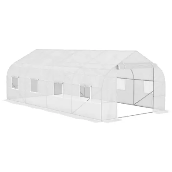 Outsunny 19.5' x 9.8' x 6.9' Walk-In Greenhouse, Outdoor Gardening Canopy Hot House with 8 Roll-up Windows, Zippered Door & Weather Cover, Steel White image {5}