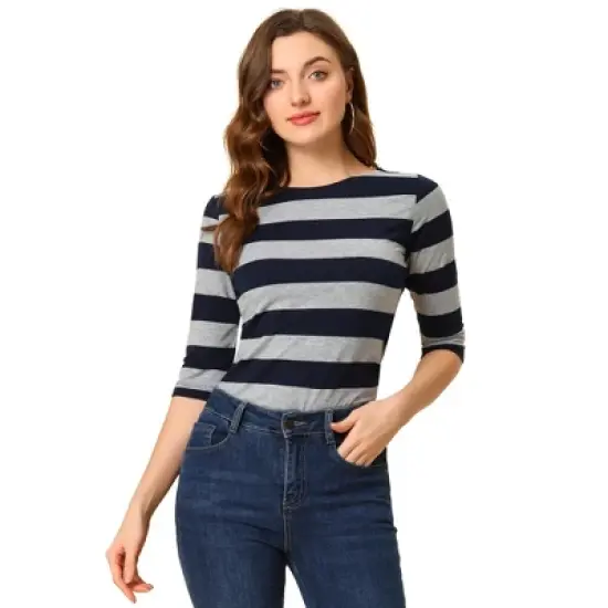 Allegra K Women's Elbow Sleeves Casual Basic Boat Neck Slim Fit T-Shirts image {27}