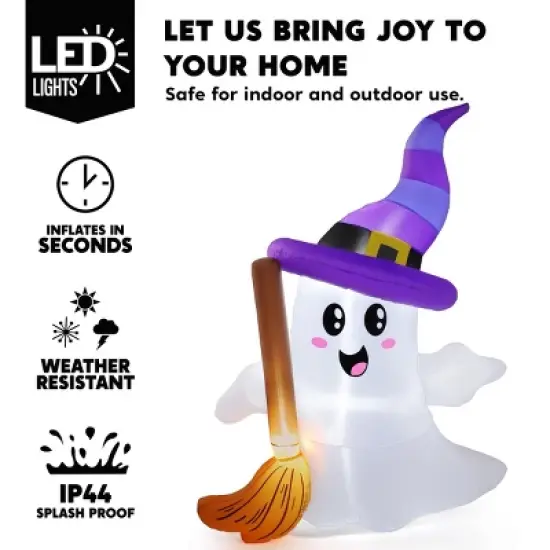Joyfy 6 FT Tall Halloween Inflatables Outdoor Decorations, Inflatable Cute Ghost Holding Broom with LEDs for Halloween Outdoor Yard Garden Lawn Decor image {2}