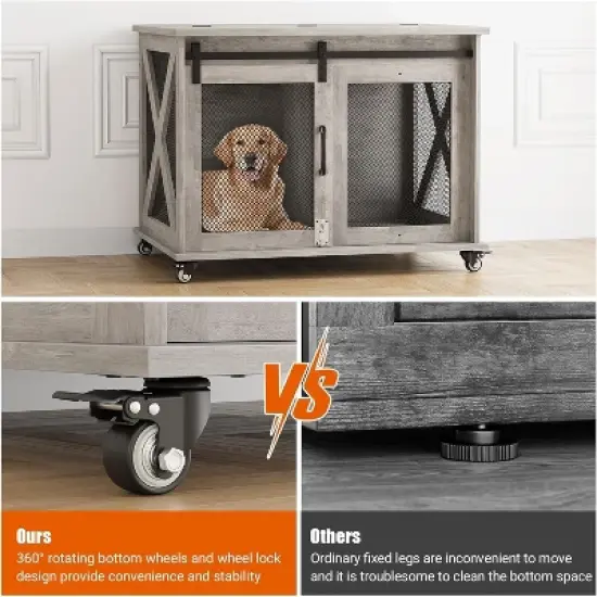 37 Inch Dog Crate Furniture, Indoor Dog Cage with Sliding Barn Door, Flip Top Dog Kennel End Table with Removable Divider image {2}