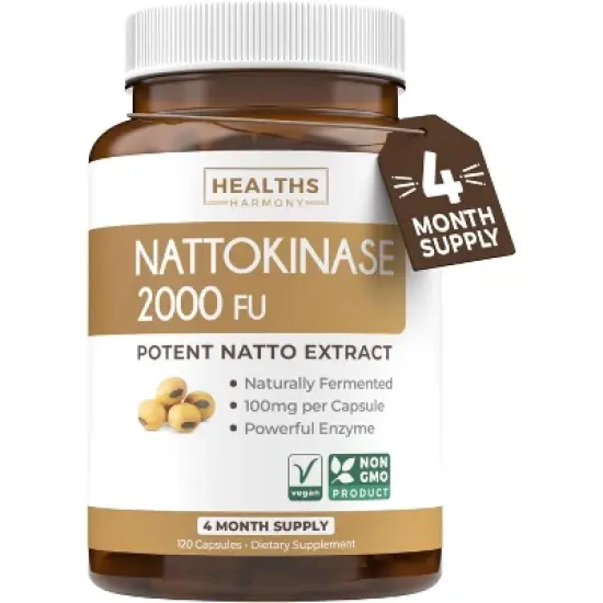 Nattokinase 2000 FU, Powerful Nattokinase Supplement Made from Naturally Fermented Soybeans for Heart Health Support, Healths Harmony, 60 120 or 180ct image {2}