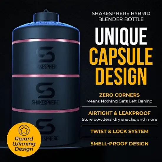 SHAKESPHERE Stackable Snack Containers, Organizer Carrier for Food, Protein Powders, Nuts & Supplements - 3 Leakproof, Twist Lock Holder image {1}