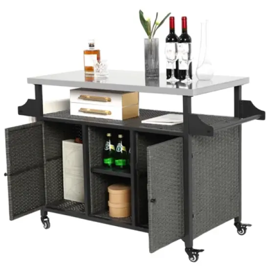 Outdoor Wicker Bar Cart, Island Rolling Cart with Stainless Steel Top, Patio Serving Cart, Beverage Bar Counter Table for Backyard Garden Grey image {6}